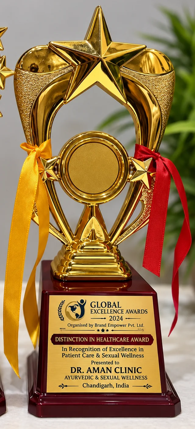 Global Excellence Awards 2024 trophy, Distinction in Healthcare Award presented to Dr. Aman Clinic, Chandigarh