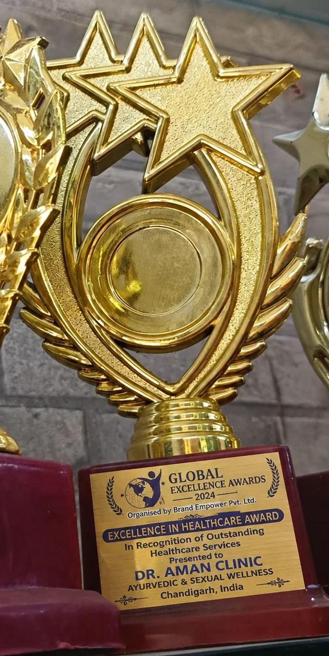 Global Excellence Awards 2024 trophy, Excellence in Healthcare Award presented to Dr. Aman Clinic, Chandigarh