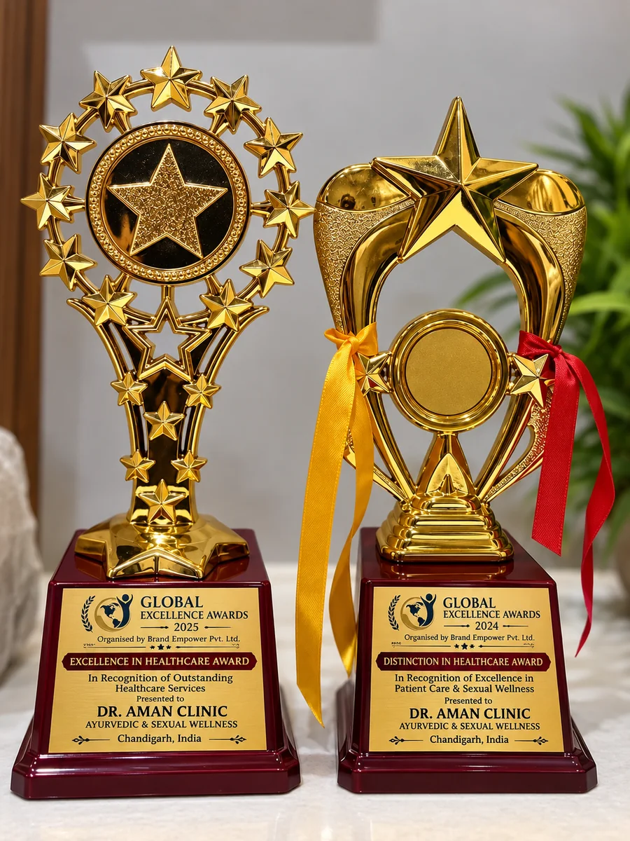 Excellence Award 2025 and Distinction Award 2024 gold star trophies side by side at Dr. Aman Clinic, Chandigarh